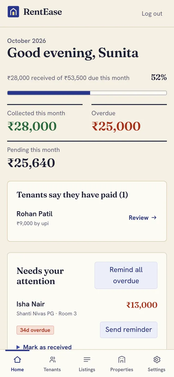 Landlord dashboard on a phone